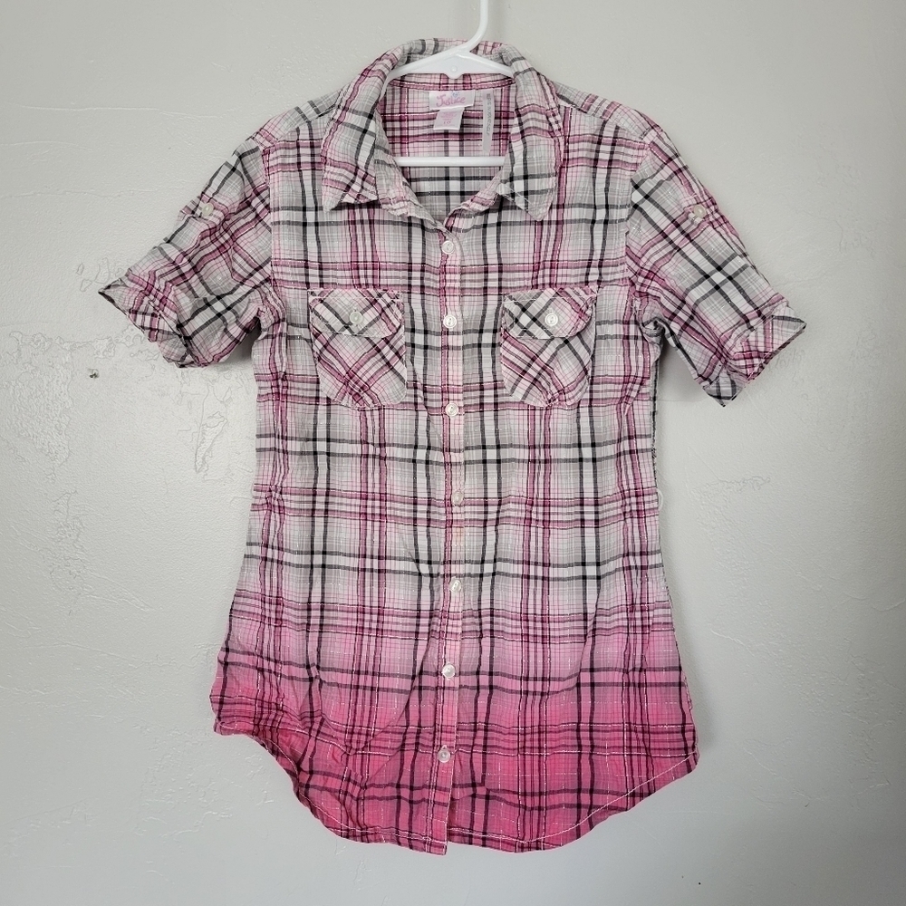 Justice Girls 10 Pink White Black Plaid Short Sleeve Shirt Button Up Top